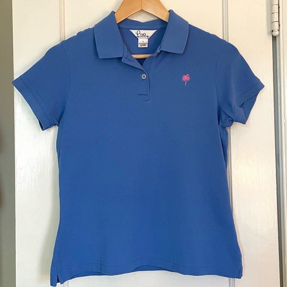 Lilly Pulitzer polo shirt blue with pink palm